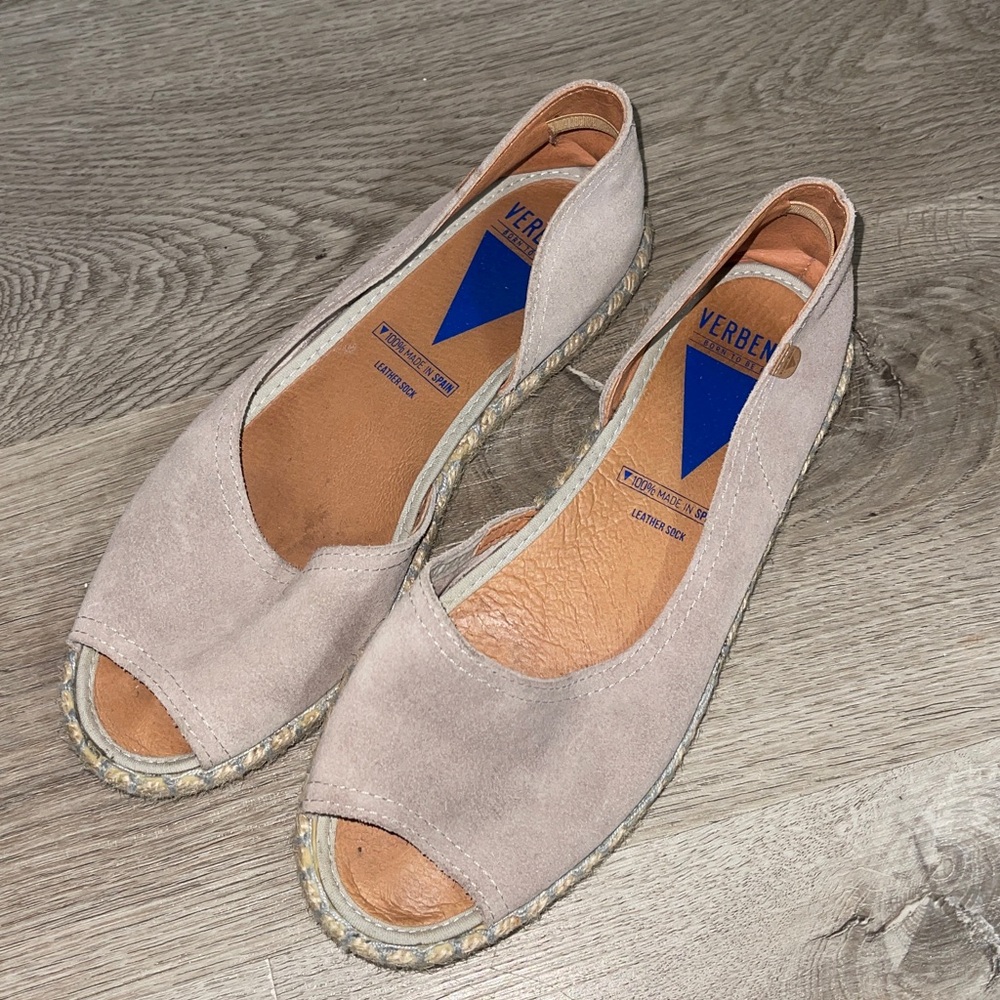 Verbenas Espadrilles Suede Flats Sz 38 Tan Leather Peep Toe Shoes SPAIN